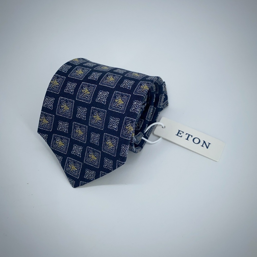 Eton‎ Tie Mens One Size Navy Patterned Silk Classic Fit Professional Necktie NWT